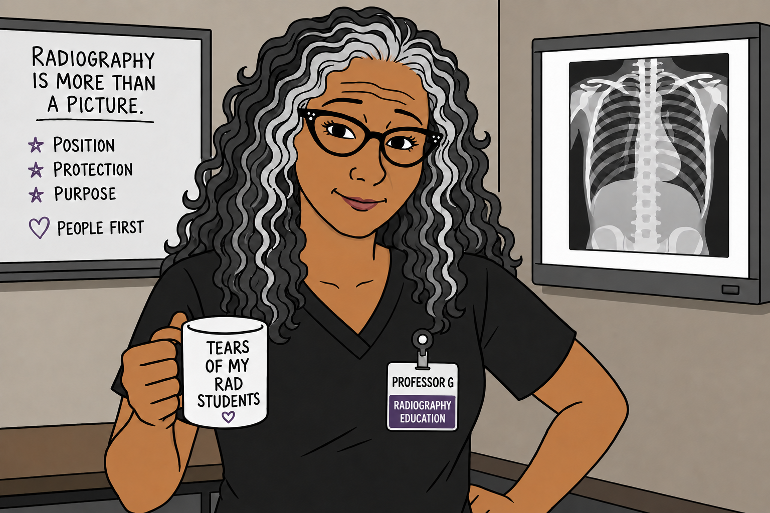 "Professor G, a radiography education instructor, standing in a classroom with a radiography safety poster and chest X-ray image in the background"