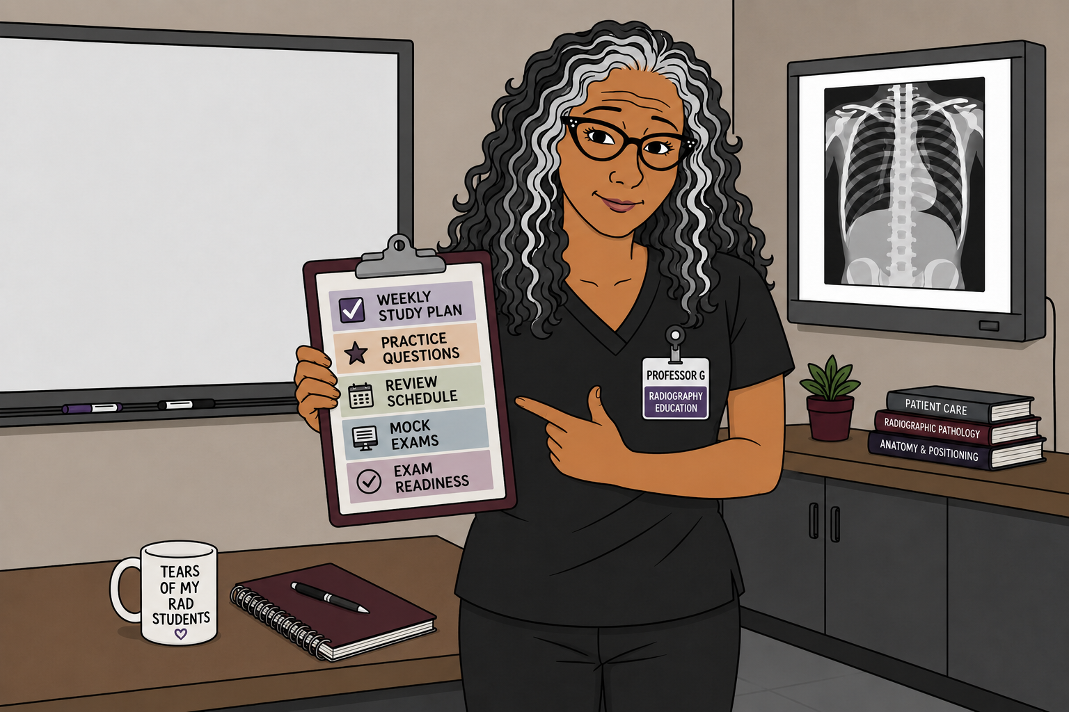 "Professor G holding a study plan checklist for registry exam preparation, including weekly study plan, practice questions, review schedule, mock exams, and exam readiness"